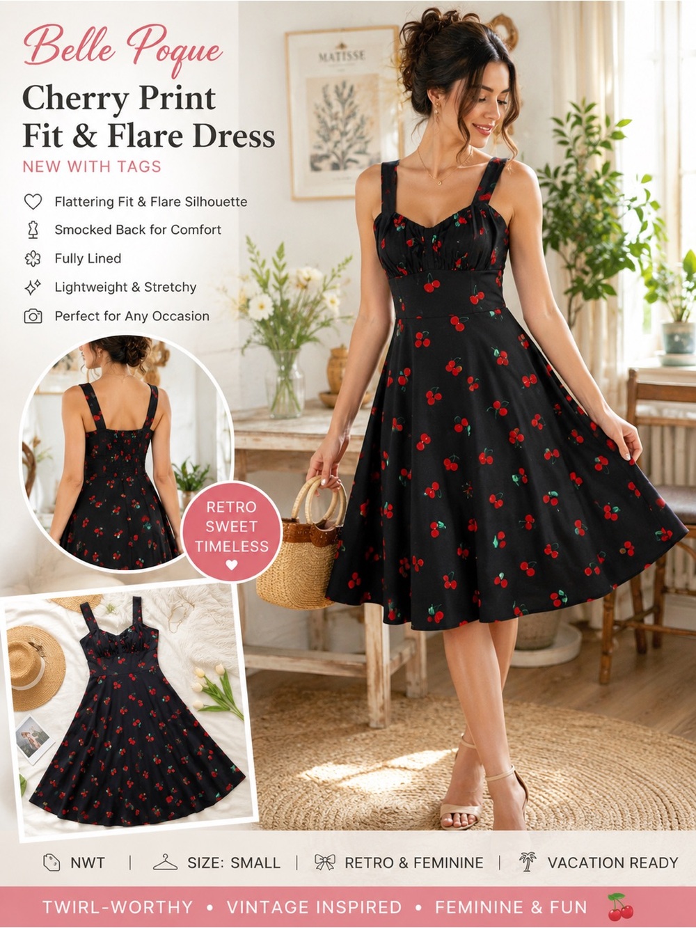 Belle Poque Cherry Print Fit & Flare Dress Retro Pinup Rockabilly Size Small NWT